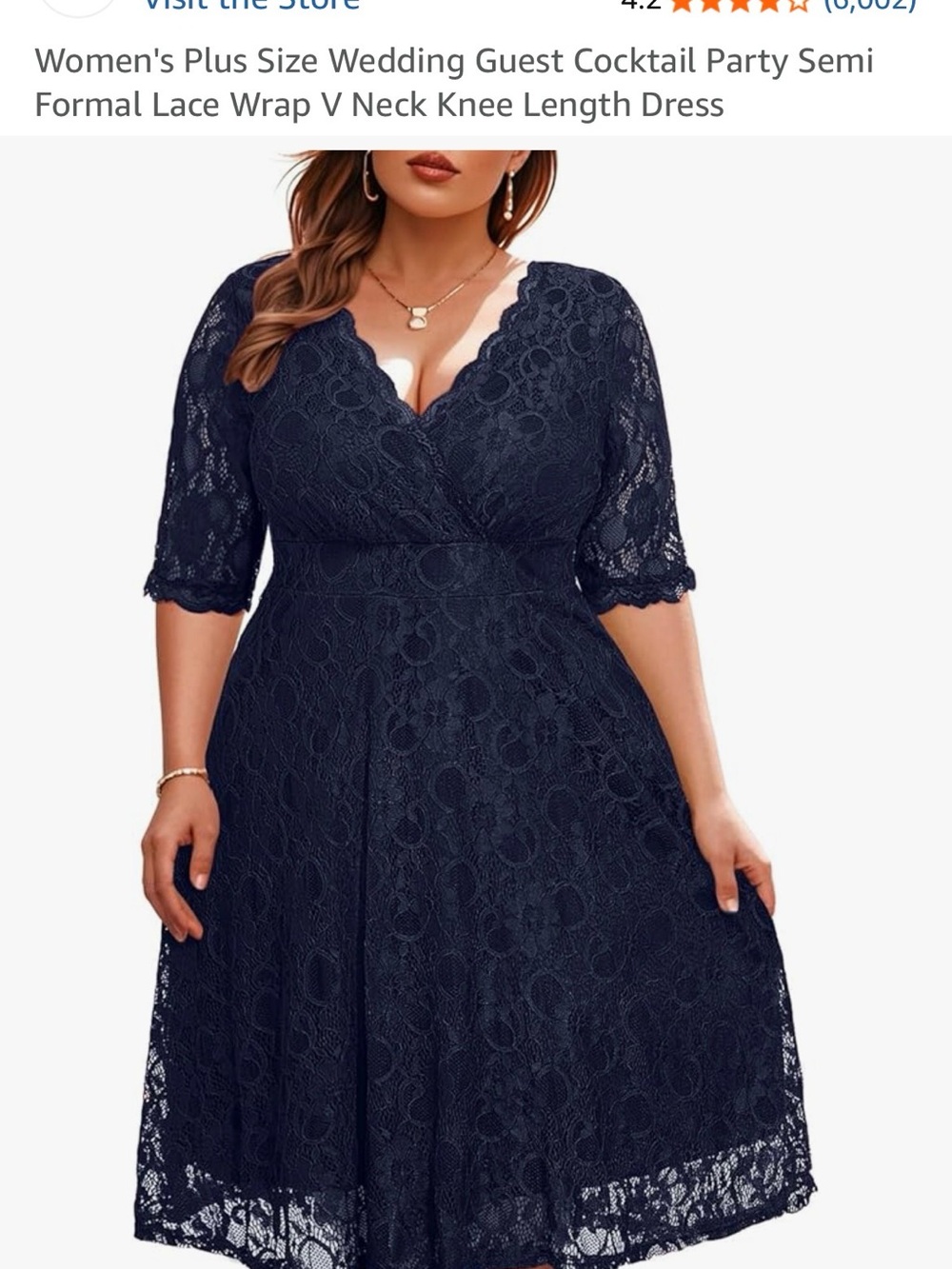 Plus Size Knee Length Dress in Navy with Lace, V neck wrap